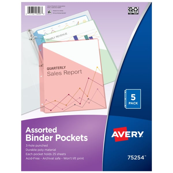 Binder Pockets, Assorted Colors, 5 Total
